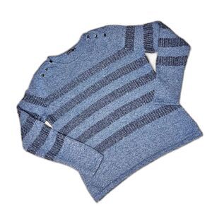 J. McLaughlin Blue Metallic Striped Decorative Shoulder Button Knit Sweater